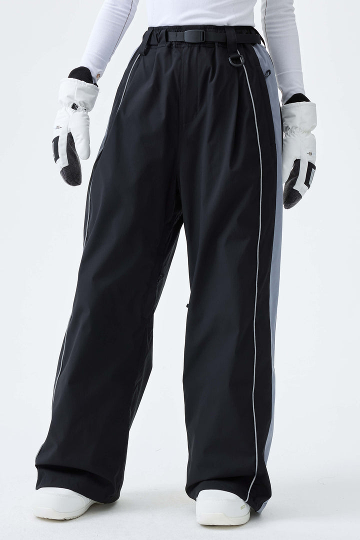 Women's Black & Blue Gray Reflective Contrast-Stripe Baggy Snow Pants