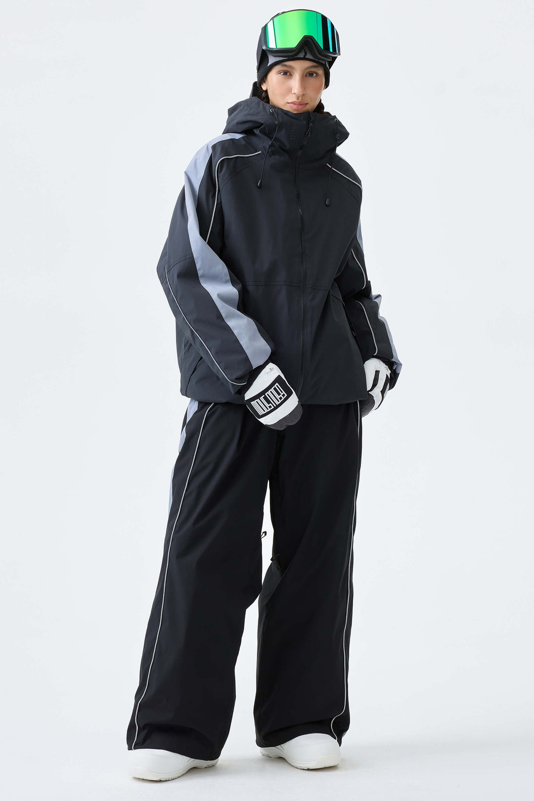 Women's Black & Blue Gray Reflective Contrast-Stripe Baggy Snow Pants