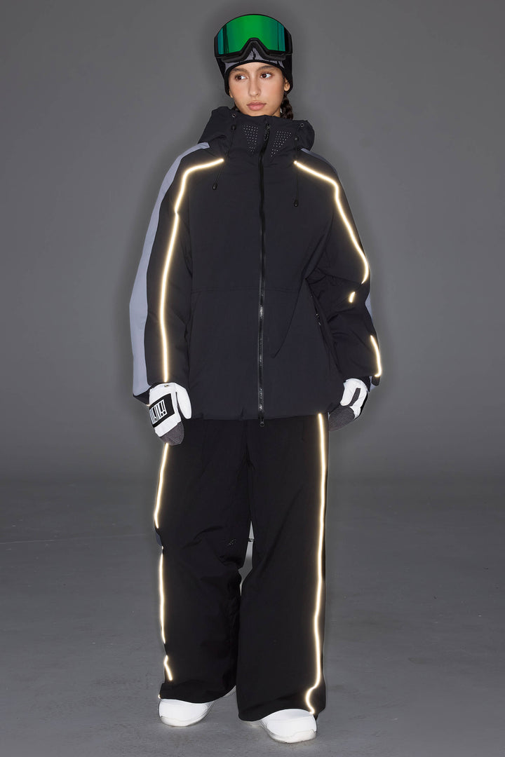 Women's Black & Blue Gray Reflective Contrast-Stripe Baggy Snow Pants