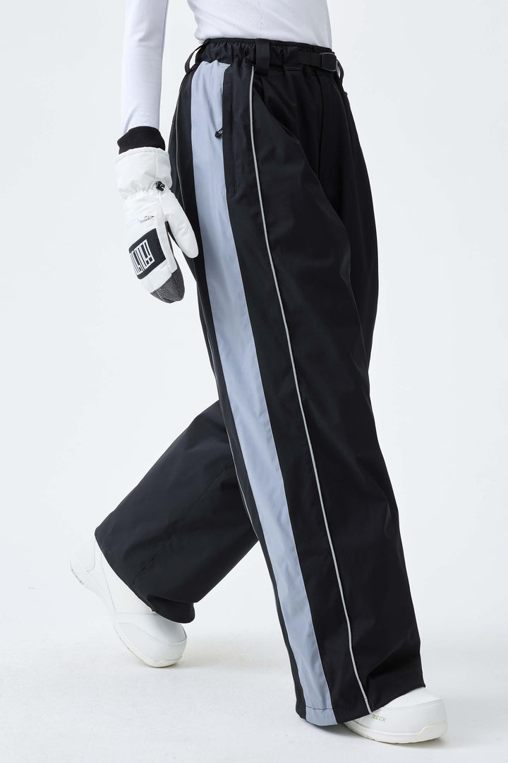 Women's Black & Blue Gray Reflective Contrast-Stripe Baggy Snow Pants