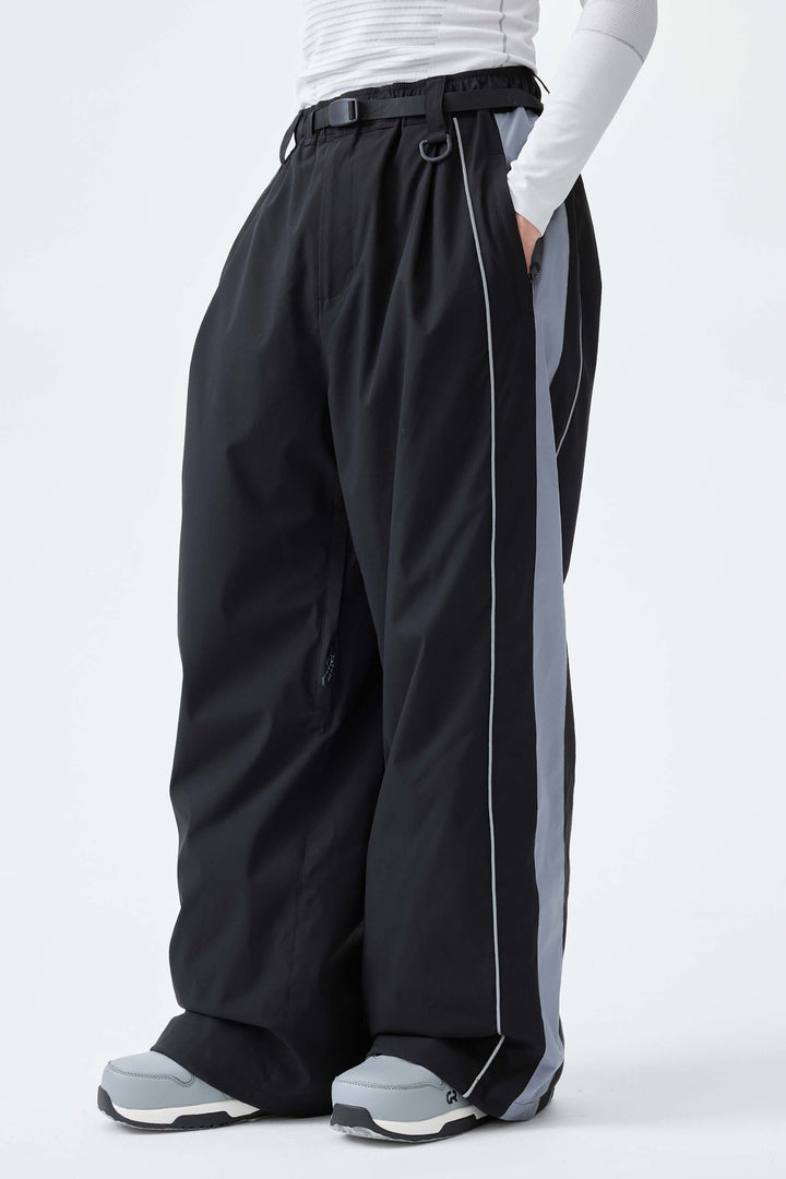 Men's Black & Blue Gray Reflective Contrast-Stripe Baggy Snow Pants