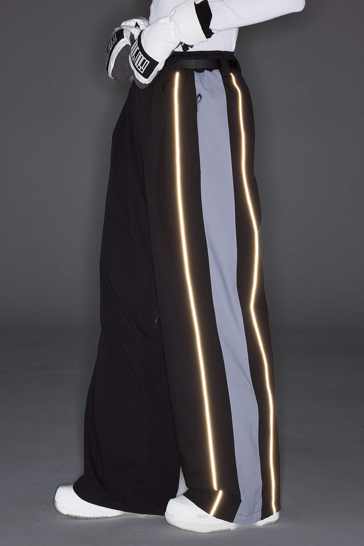 Men's Black & Blue Gray Reflective Contrast-Stripe Baggy Snow Pants