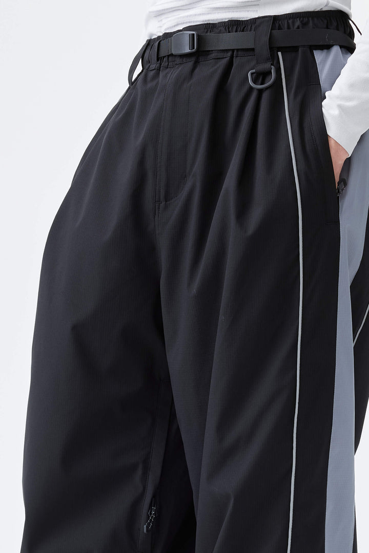 Men's Black & Blue Gray Reflective Contrast-Stripe Baggy Snow Pants