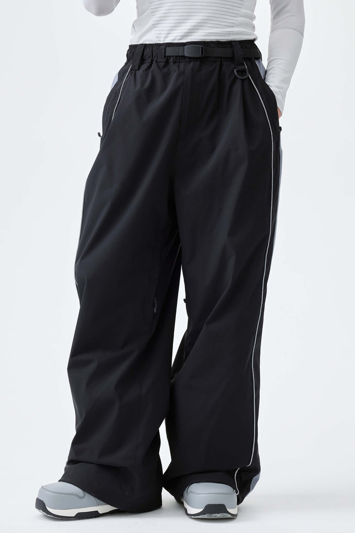 Men's Black & Blue Gray Reflective Contrast-Stripe Baggy Snow Pants