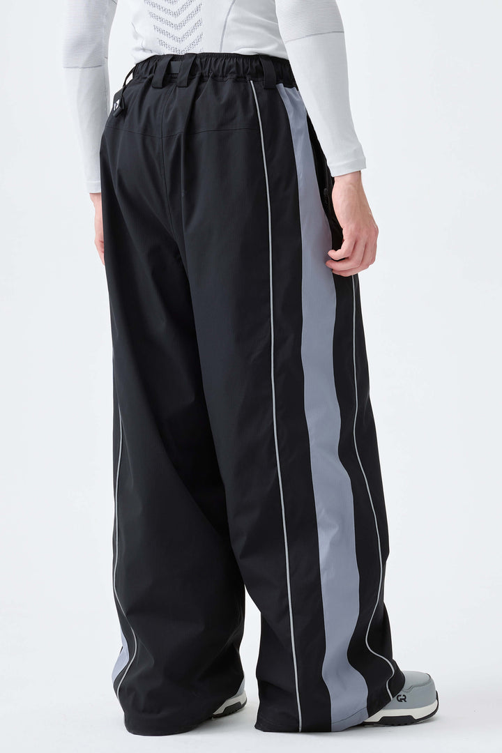 Men's Black & Blue Gray Reflective Contrast-Stripe Baggy Snow Pants