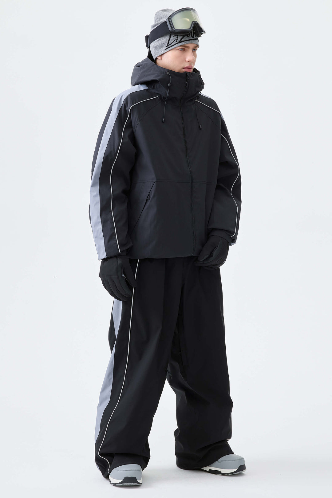 Men's Black & Blue Gray Reflective Contrast-Stripe Baggy Snow Pants