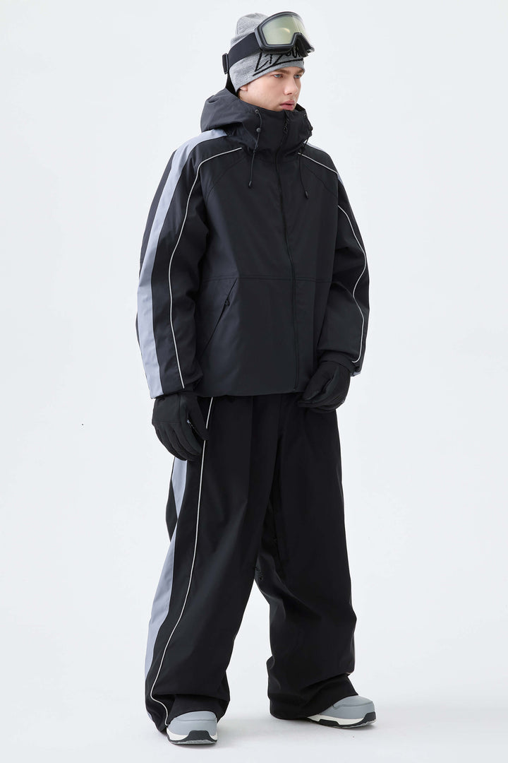 Men's Black & Blue Gray Reflective Contrast-Stripe Baggy Snow Pants