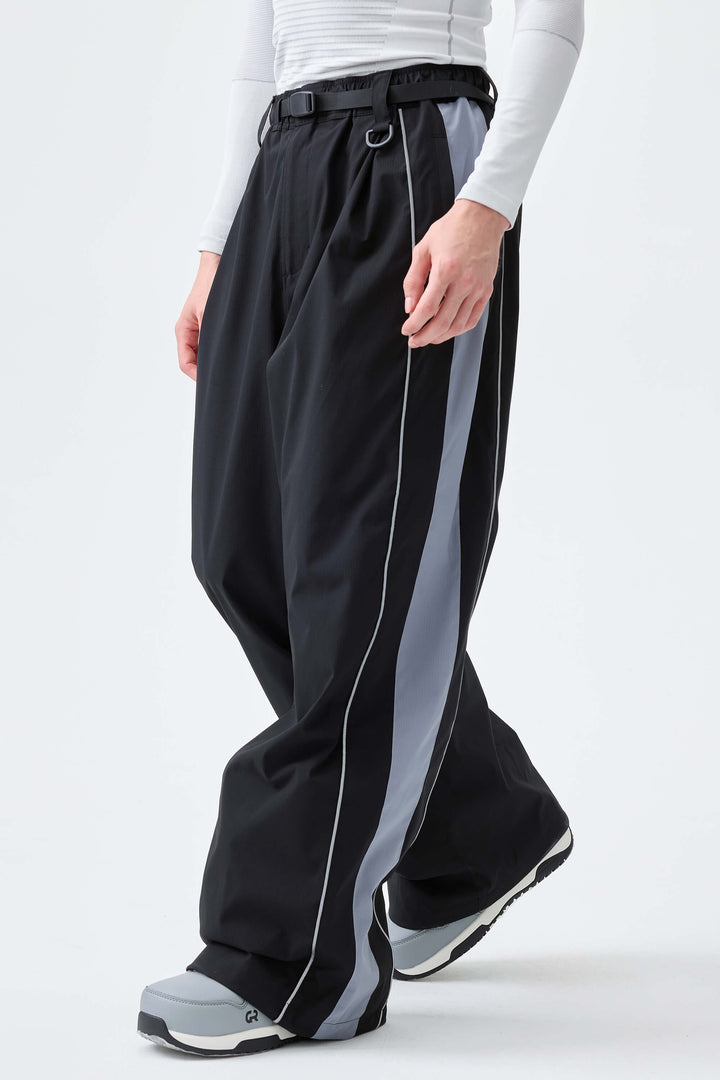 Men's Black & Blue Gray Reflective Contrast-Stripe Baggy Snow Pants