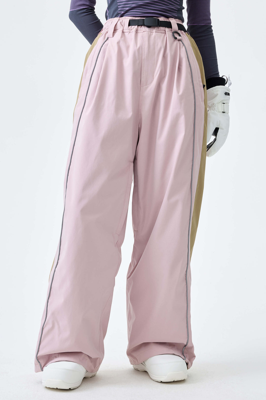 Women's Pink Reflective Contrast-Stripe Baggy Snow Pants