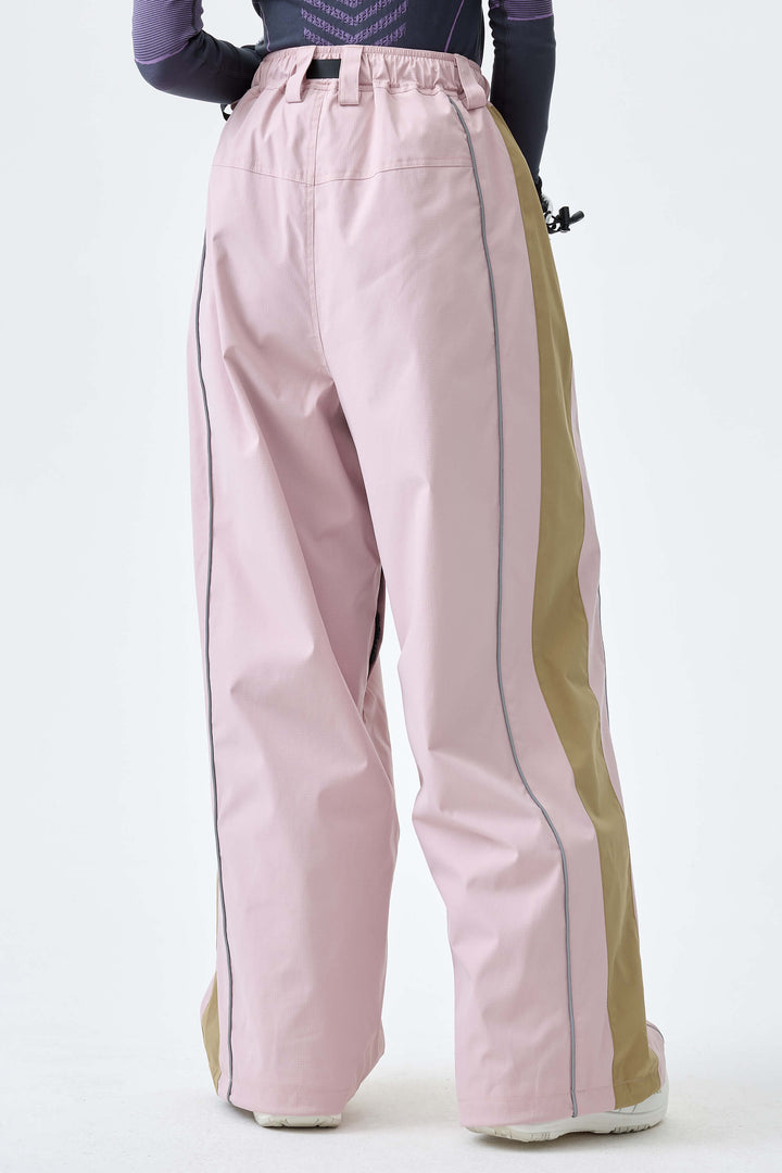 Women's Pink Reflective Contrast-Stripe Baggy Snow Pants