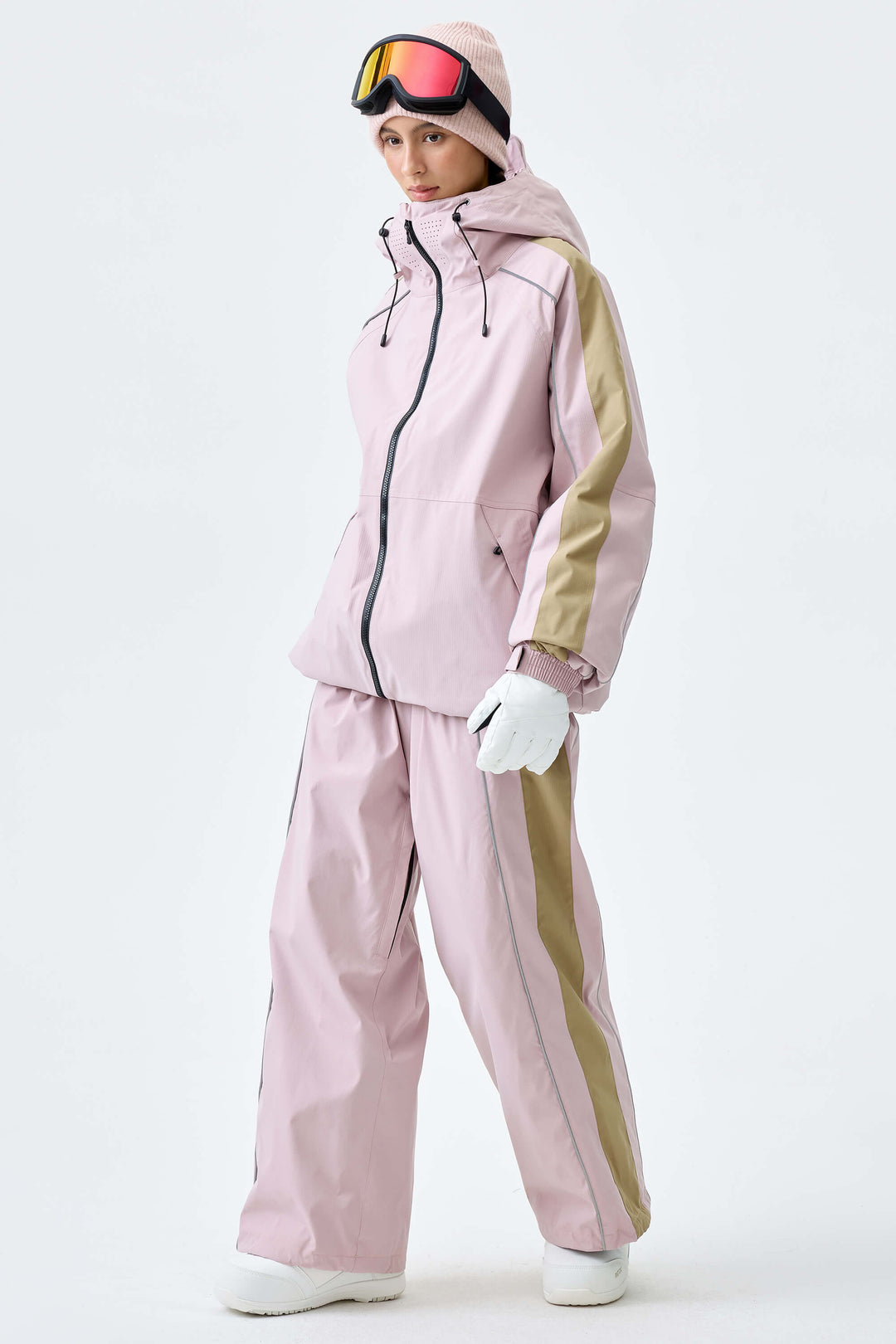 Women's Light Gray Reflective Contrast-Stripe Baggy Snow Pants