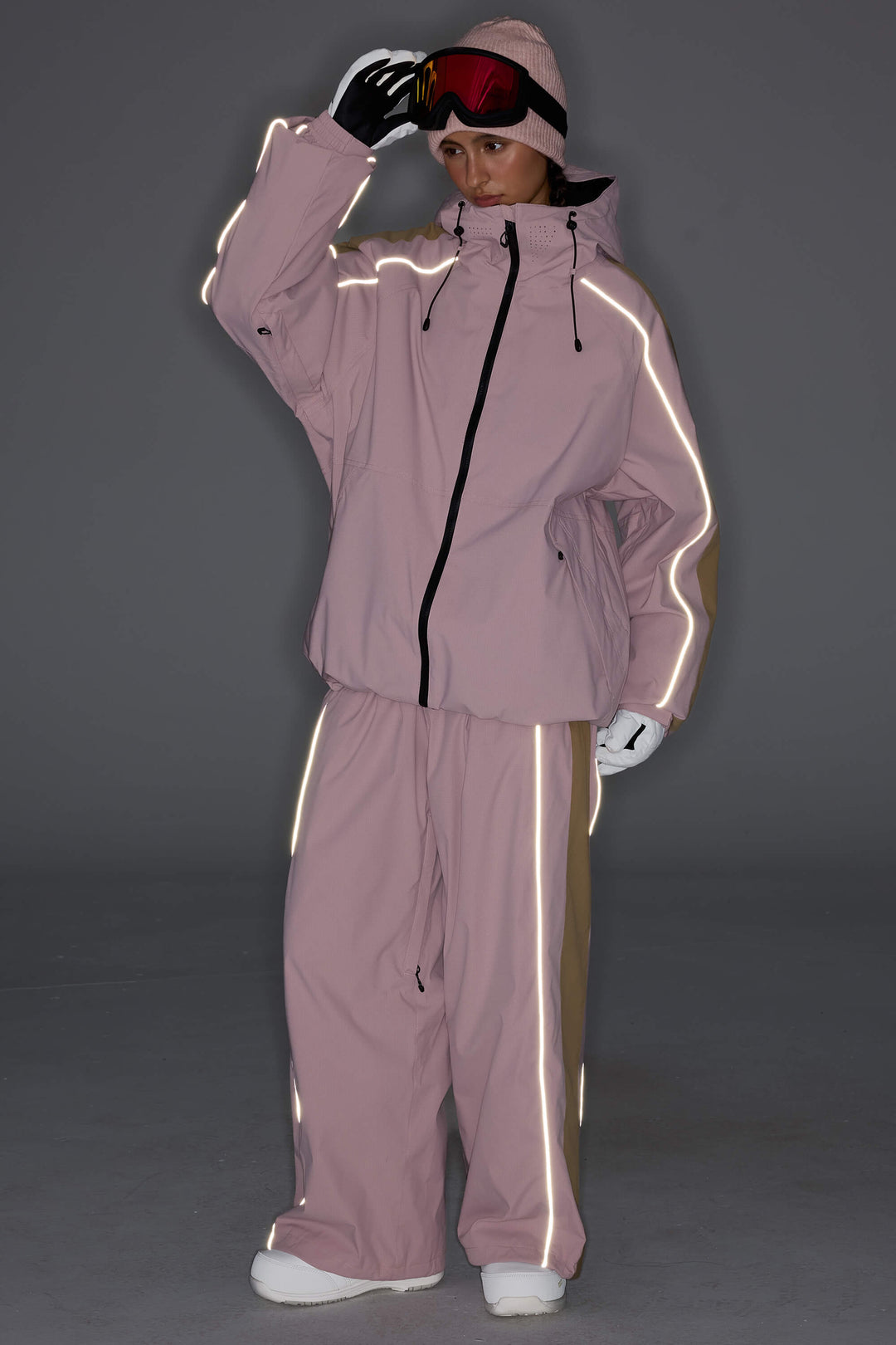 Women's Pink Reflective Contrast-Stripe Baggy Snow Pants