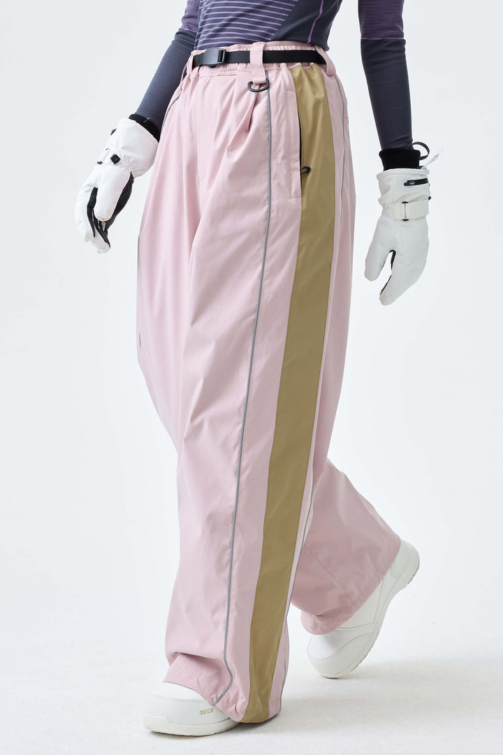 Women's Pink Reflective Contrast-Stripe Baggy Snow Pants