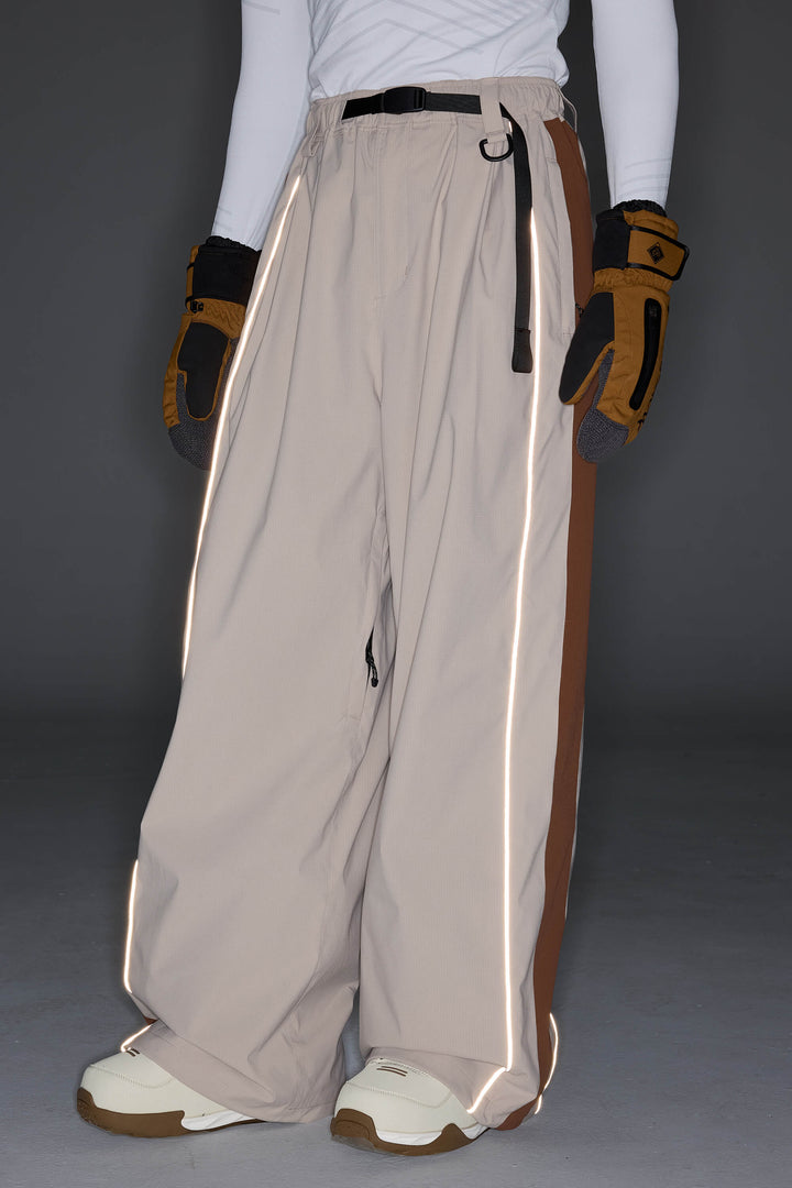 Women's Black & Blue Gray Reflective Contrast-Stripe Baggy Snow Pants