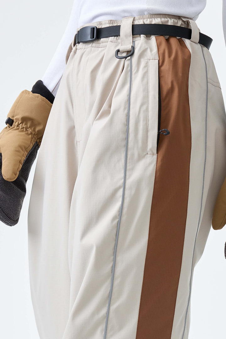 Women's Off White & Brown Reflective Contrast-Stripe Baggy Snow Pants