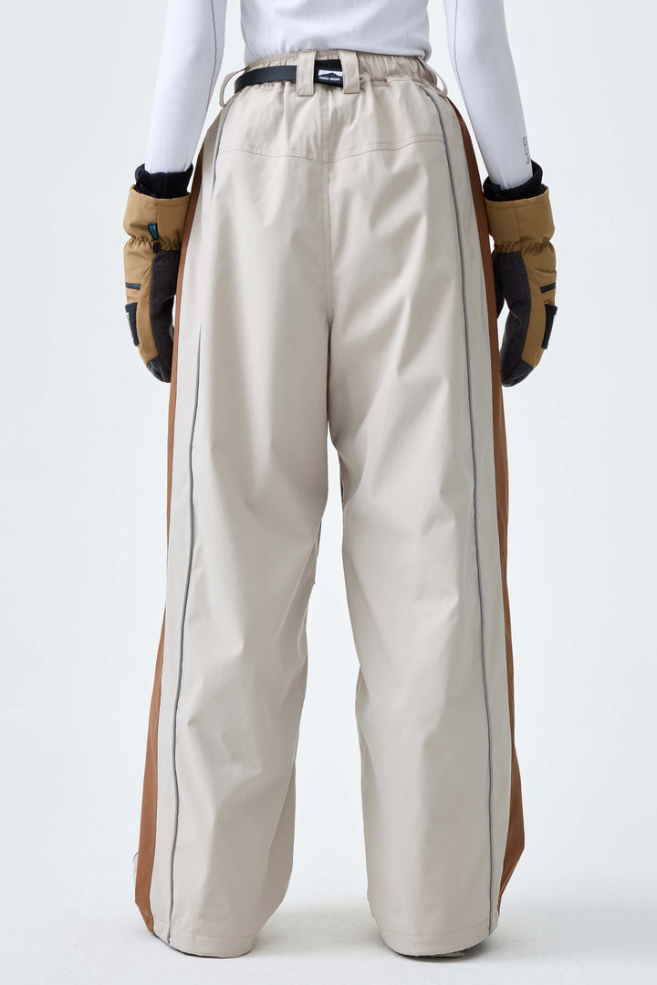 Women's Off White & Brown Reflective Contrast-Stripe Baggy Snow Pants