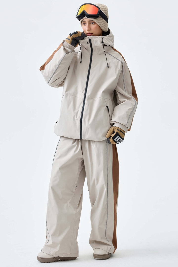 Women's Off White & Brown Reflective Contrast-Stripe Baggy Snow Pants