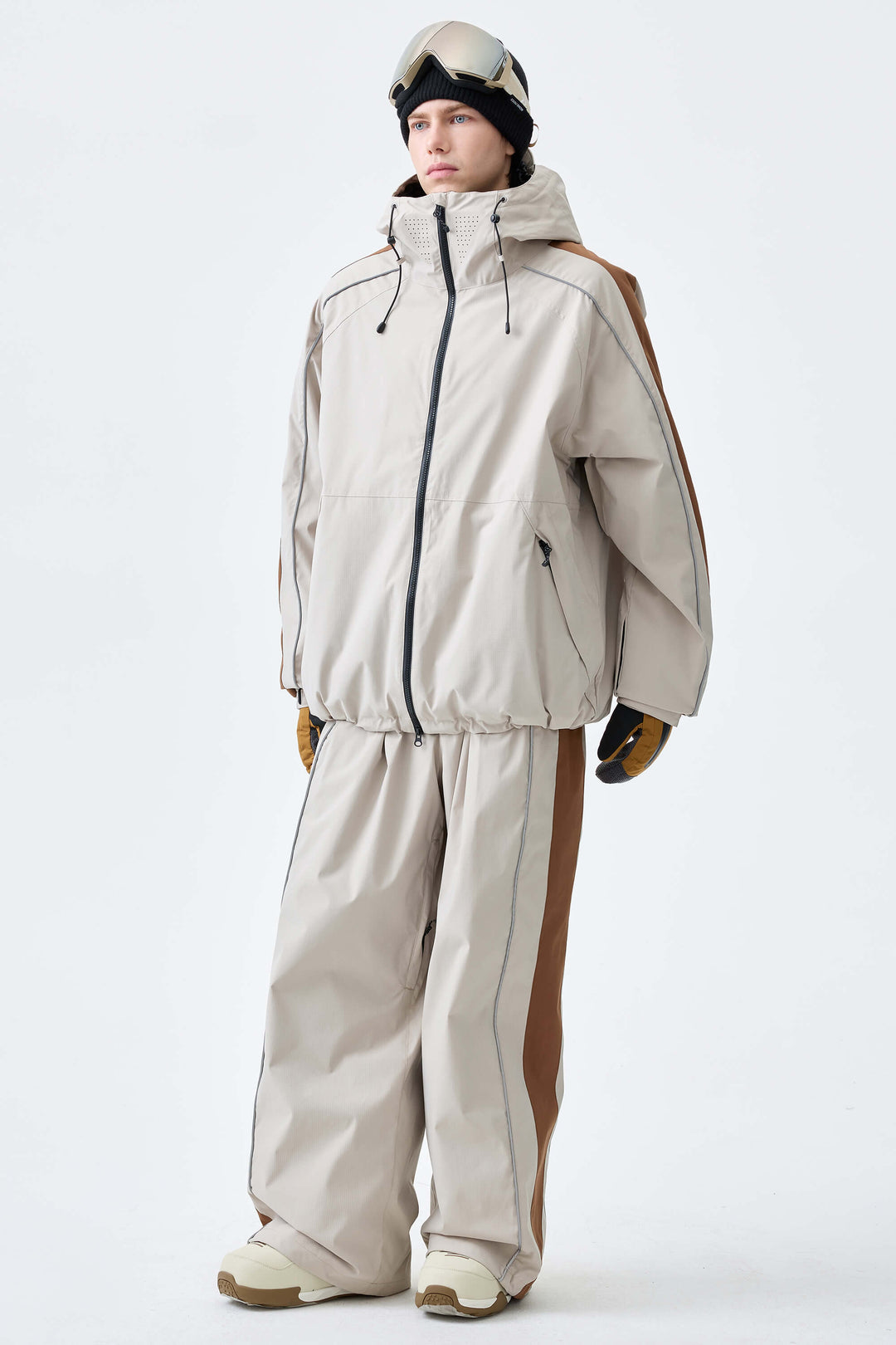 Men's Off White & Brown Reflective Contrast-Stripe Baggy Snow Pants