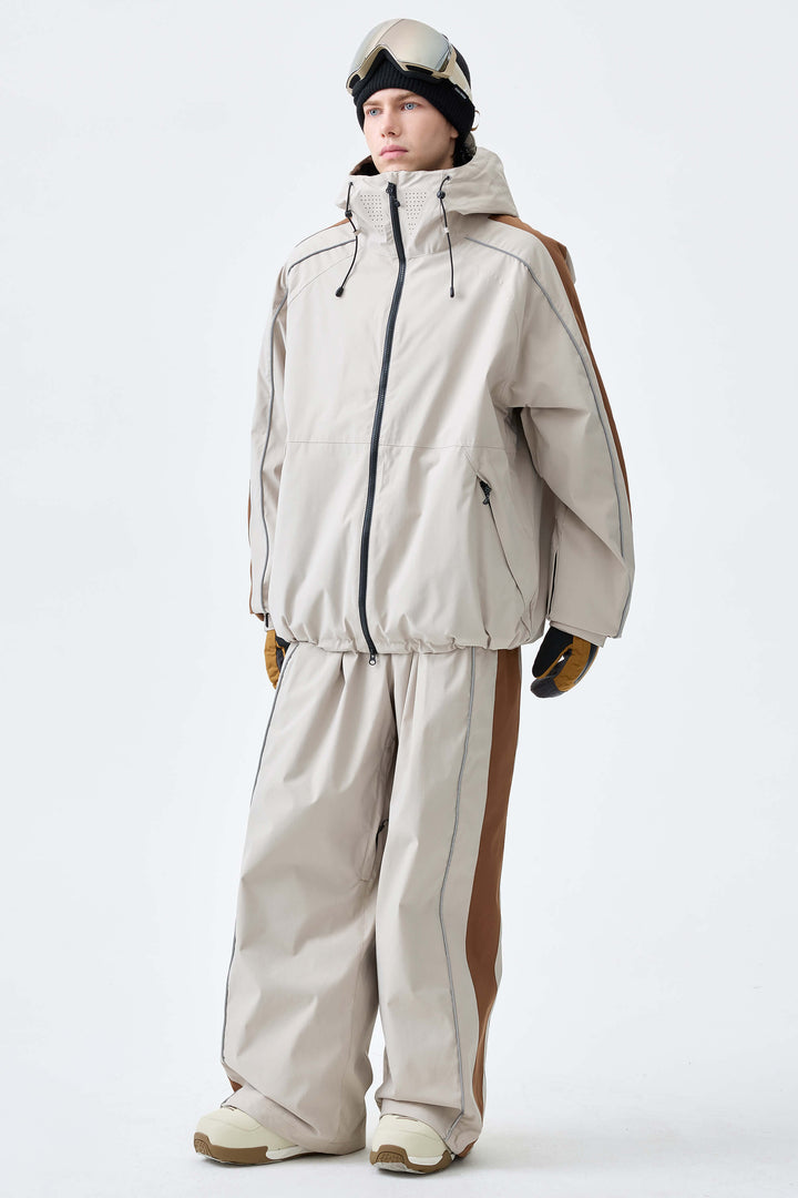 Men's Off White & Brown Reflective Contrast-Stripe Baggy Snow Pants