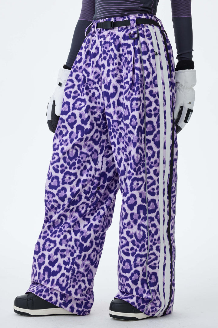 Women's Mono Leopard Retro Track Stripe Reflective Baggy Snow Pants