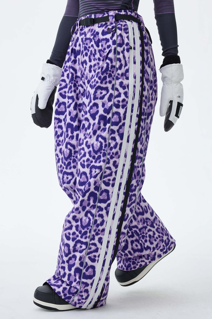 Women's Mono Leopard Retro Track Stripe Reflective Baggy Snow Pants