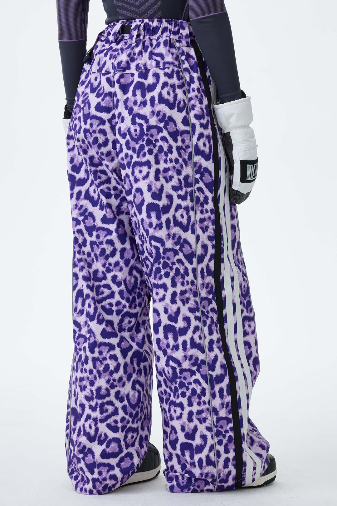 Women's Violet Leopard Retro Track Stripe Reflective Baggy Snow Pants