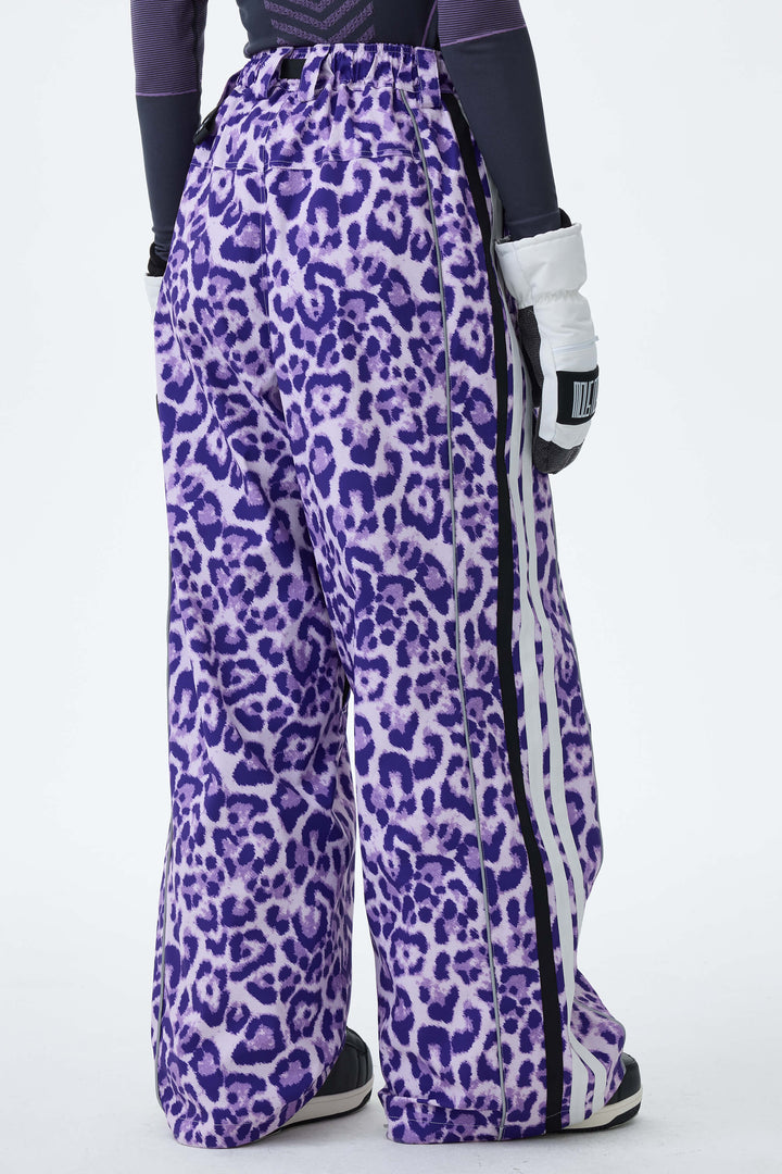 Women's Violet Leopard Retro Track Stripe Reflective Baggy Snow Pants