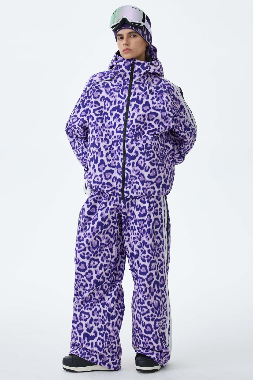 Women's Violet Leopard Retro Track Stripe Reflective Baggy Snow Pants