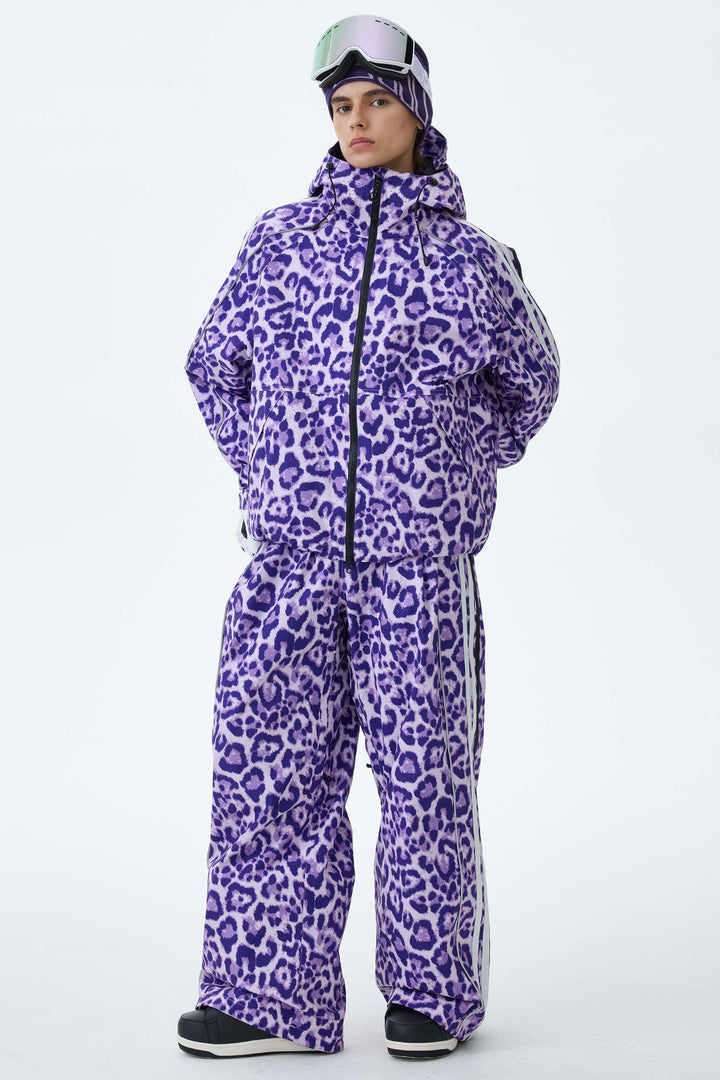 Women's Violet Leopard Retro Track Stripe Reflective Baggy Snow Pants