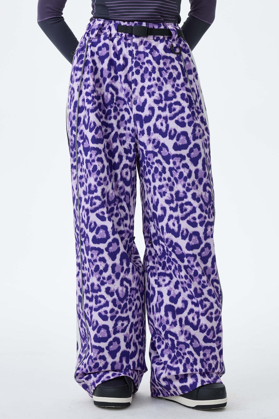Women's Violet Leopard Retro Track Stripe Reflective Baggy Snow Pants