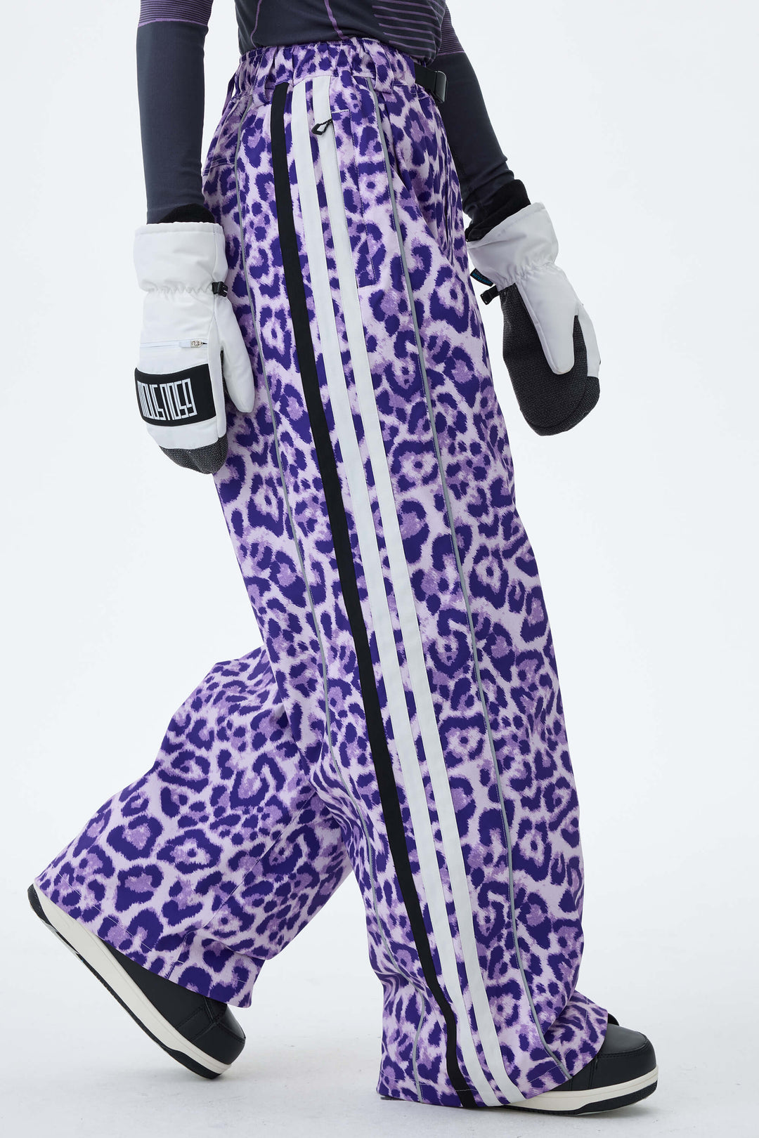 Women's Violet Leopard Retro Track Stripe Reflective Baggy Snow Pants
