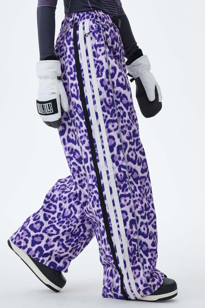 Women's Violet Leopard Retro Track Stripe Reflective Baggy Snow Pants