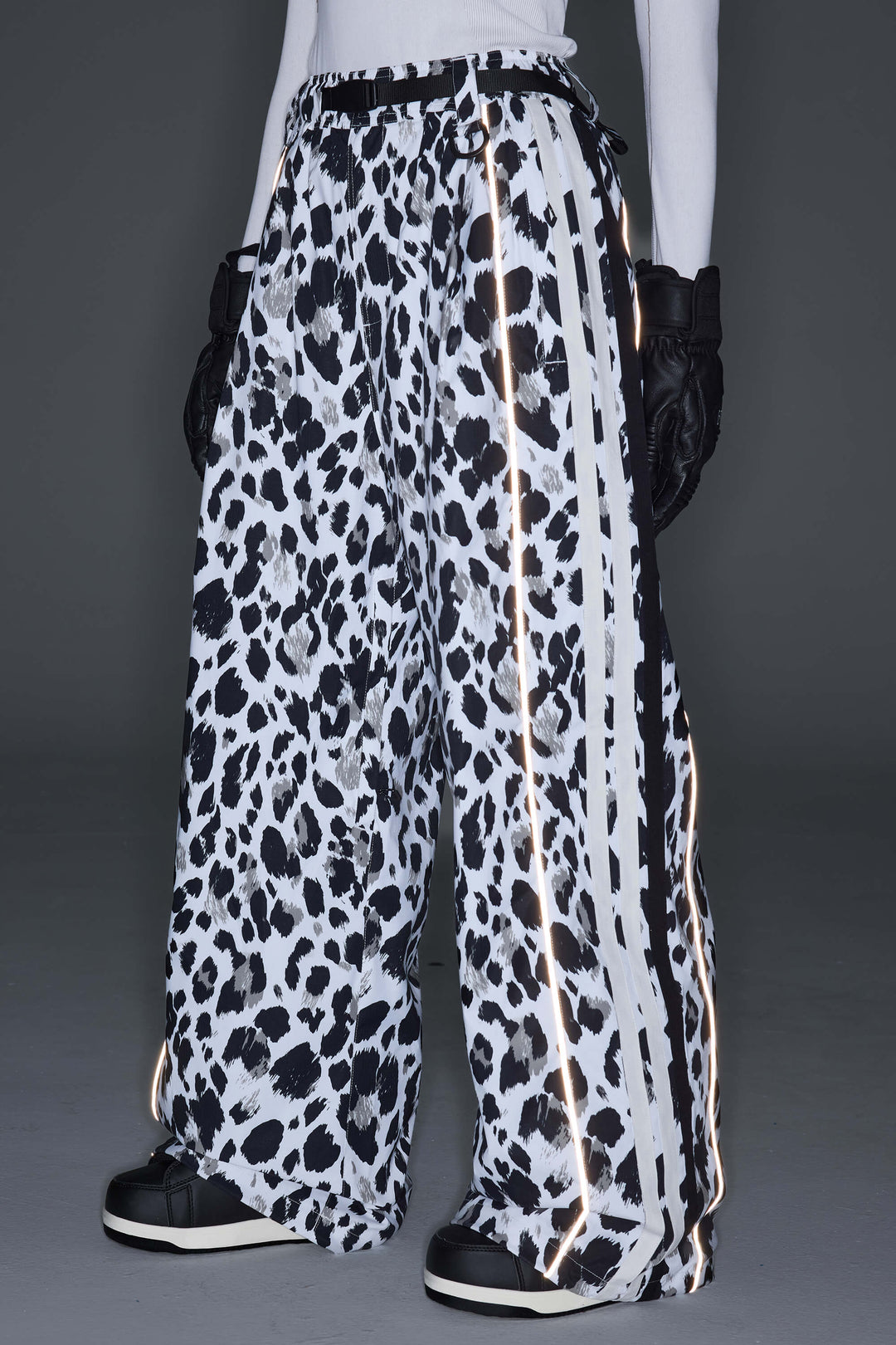 Women's Mono Leopard Retro Track Stripe Reflective Baggy Snow Pants