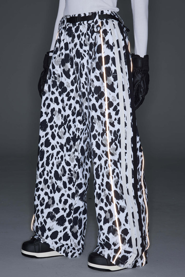 Women's Mono Leopard Retro Track Stripe Reflective Baggy Snow Pants