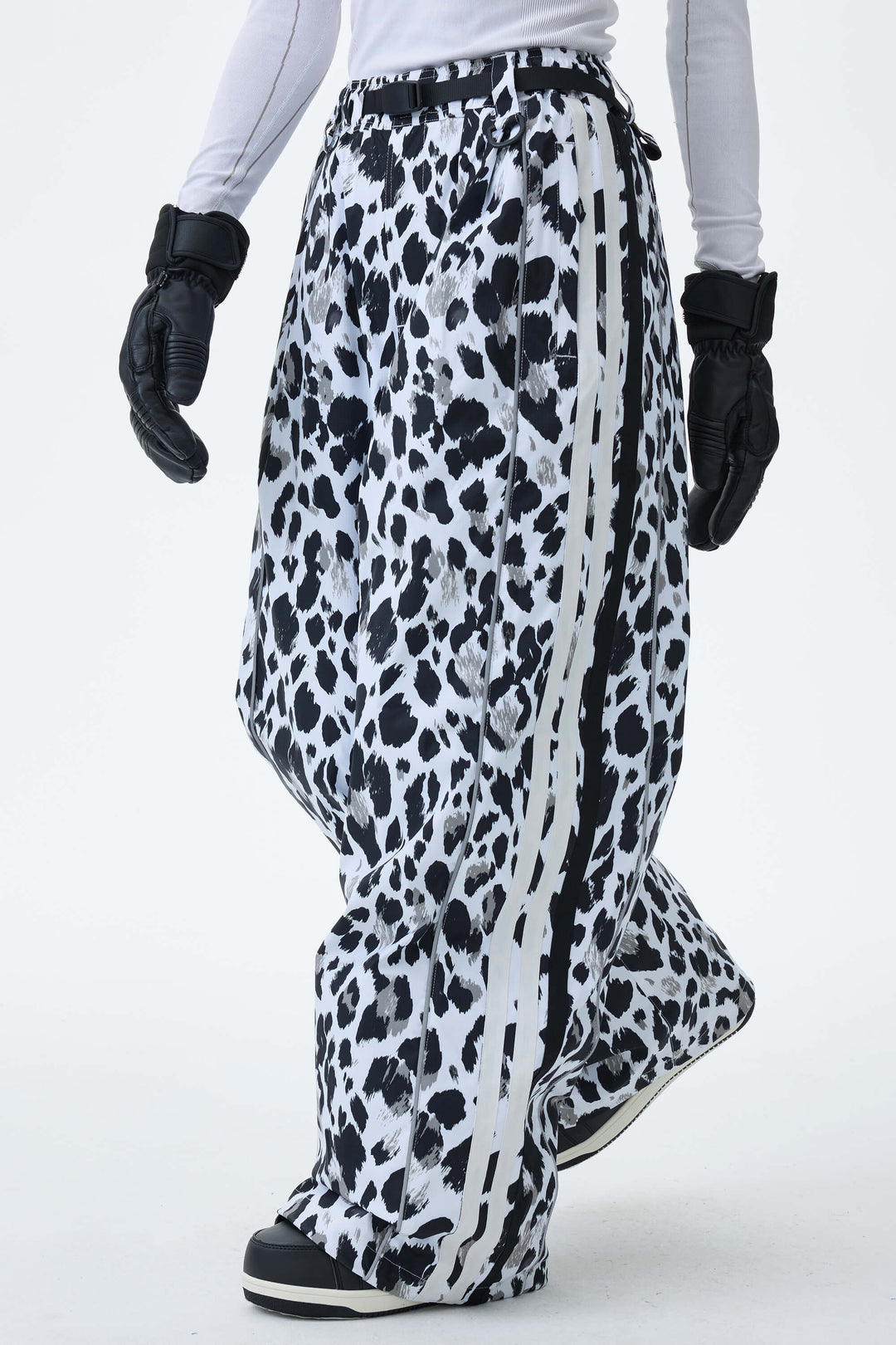 Women's Mono Leopard Retro Track Stripe Reflective Baggy Snow Pants