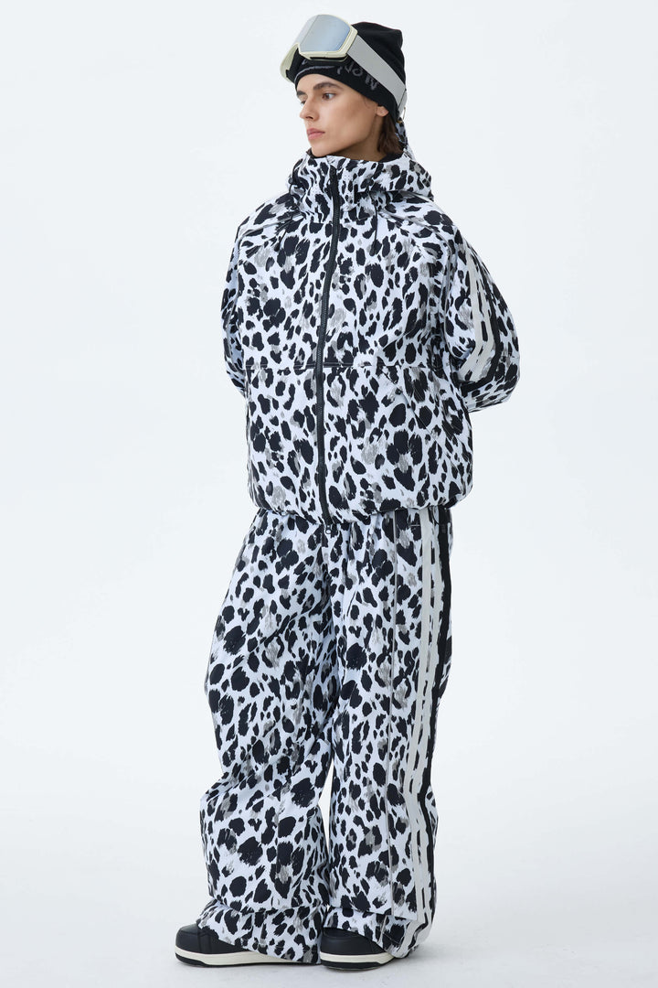 Women's Mono Leopard Retro Track Stripe Reflective Baggy Snow Pants