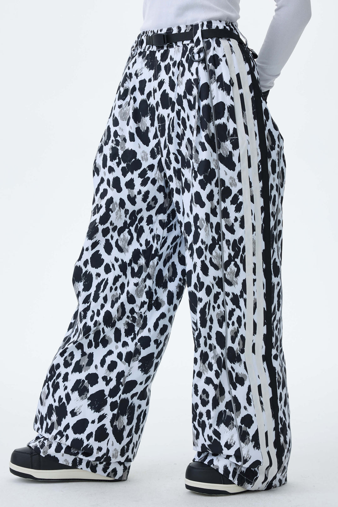 Women's Mono Leopard Retro Track Stripe Reflective Baggy Snow Pants