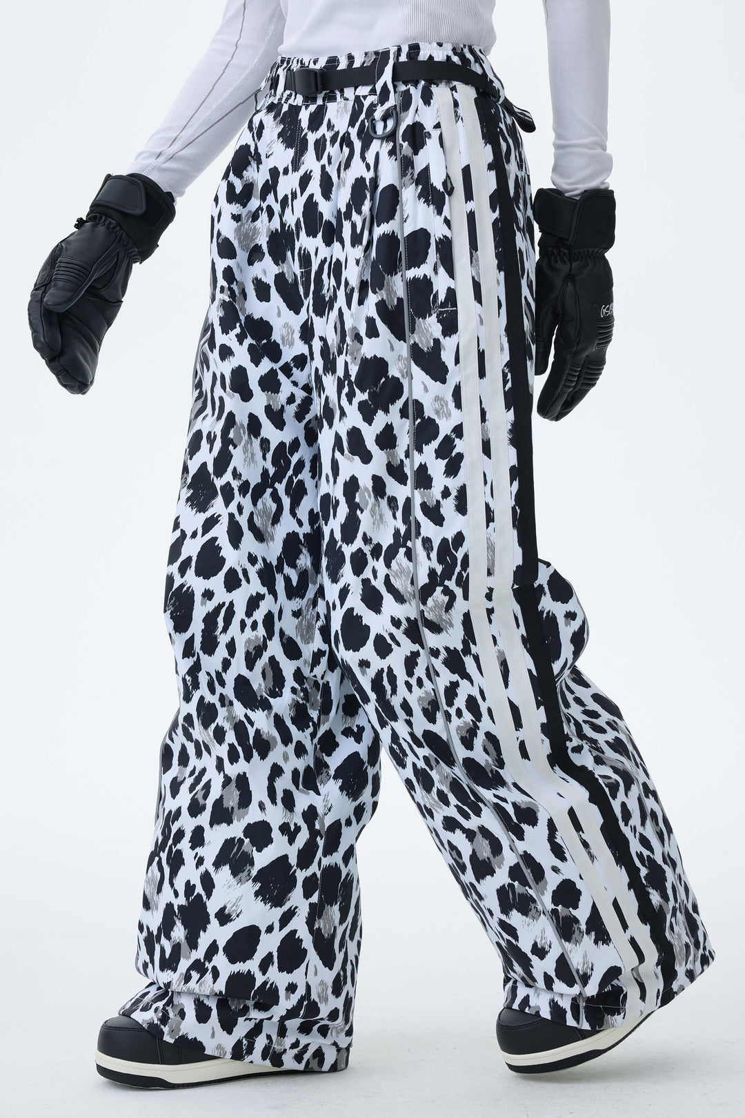 Women's Mono Leopard Retro Track Stripe Reflective Baggy Snow Pants