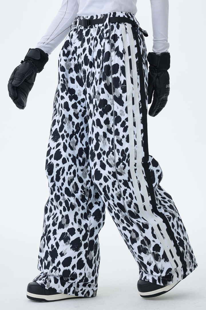 Women's Mono Leopard Retro Track Stripe Reflective Baggy Snow Pants