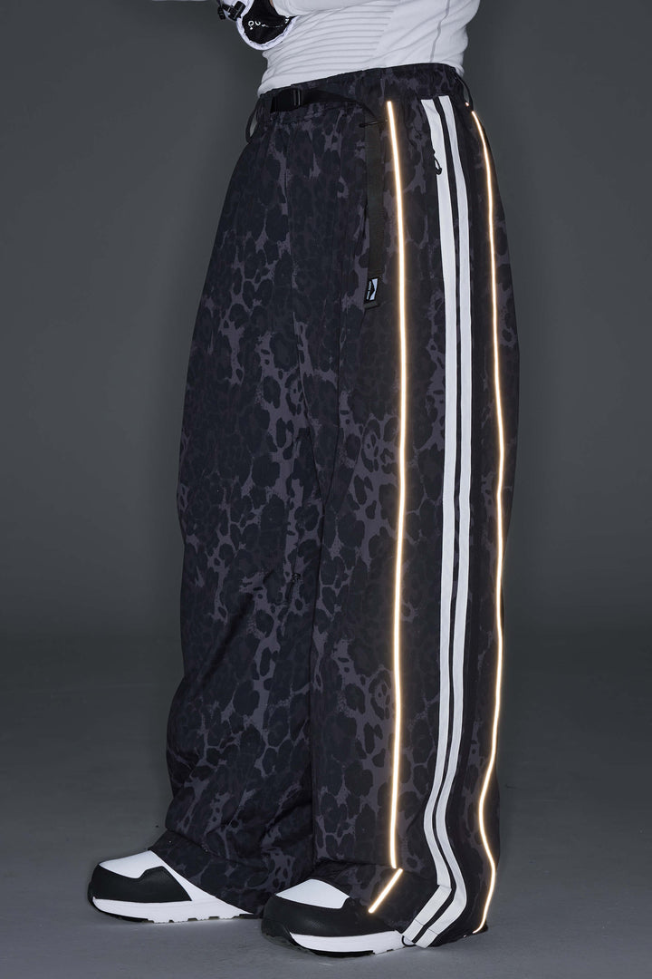 Men's Gray Leopard Retro Track Stripe Reflective Baggy Snow Pants