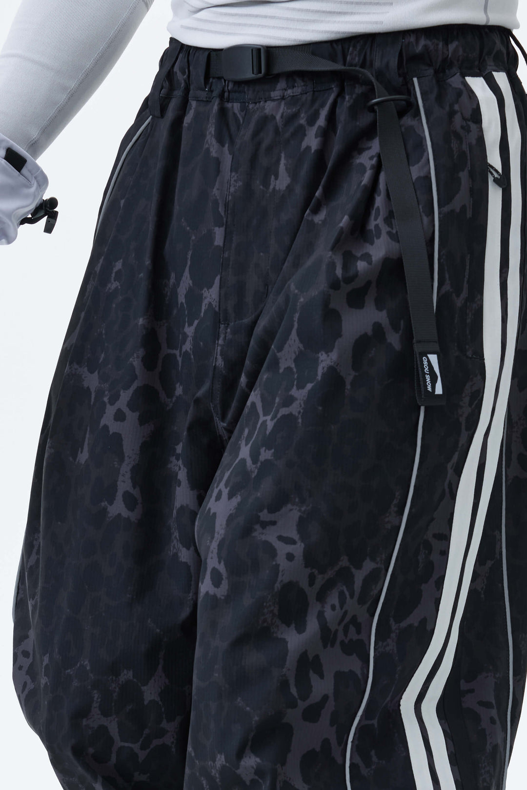 Men's Gray Leopard Retro Track Stripe Reflective Baggy Snow Pants