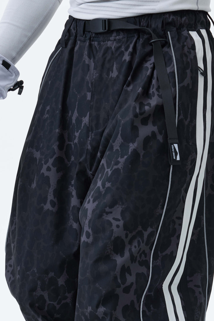 Men's Gray Leopard Retro Track Stripe Reflective Baggy Snow Pants
