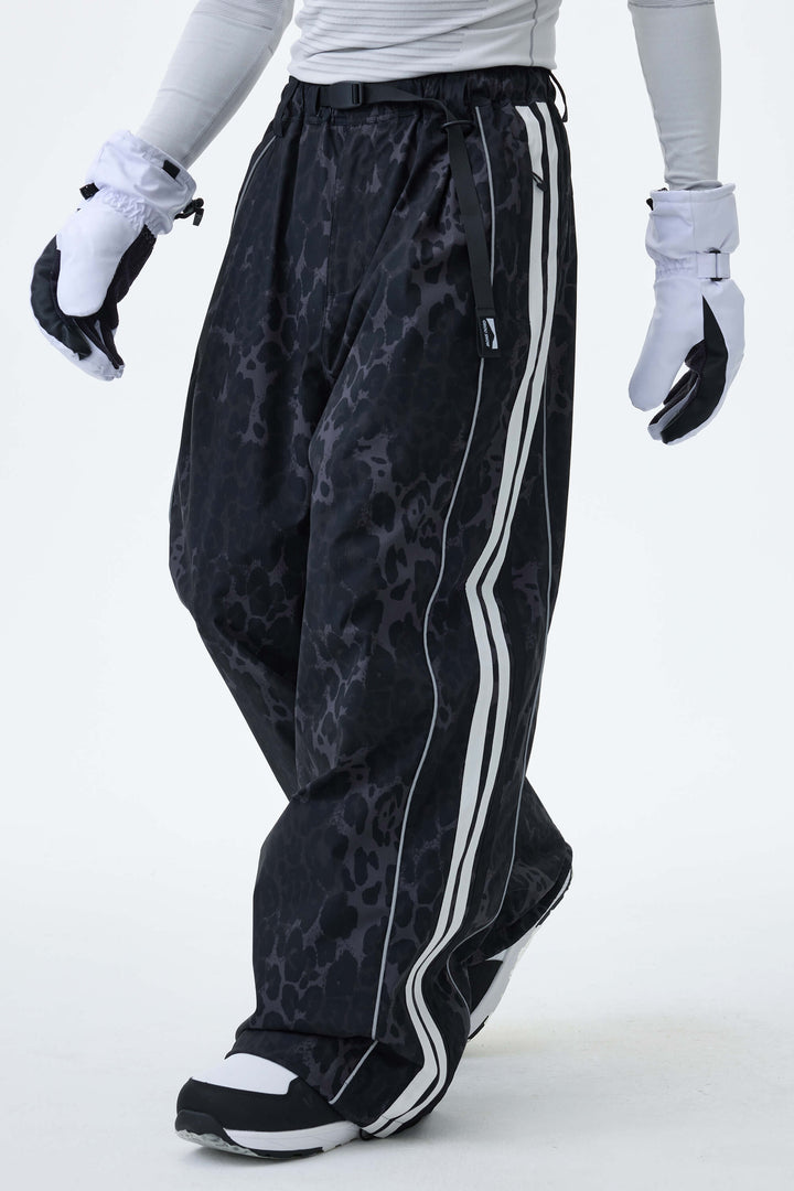 Men's Gray Leopard Retro Track Stripe Reflective Baggy Snow Pants