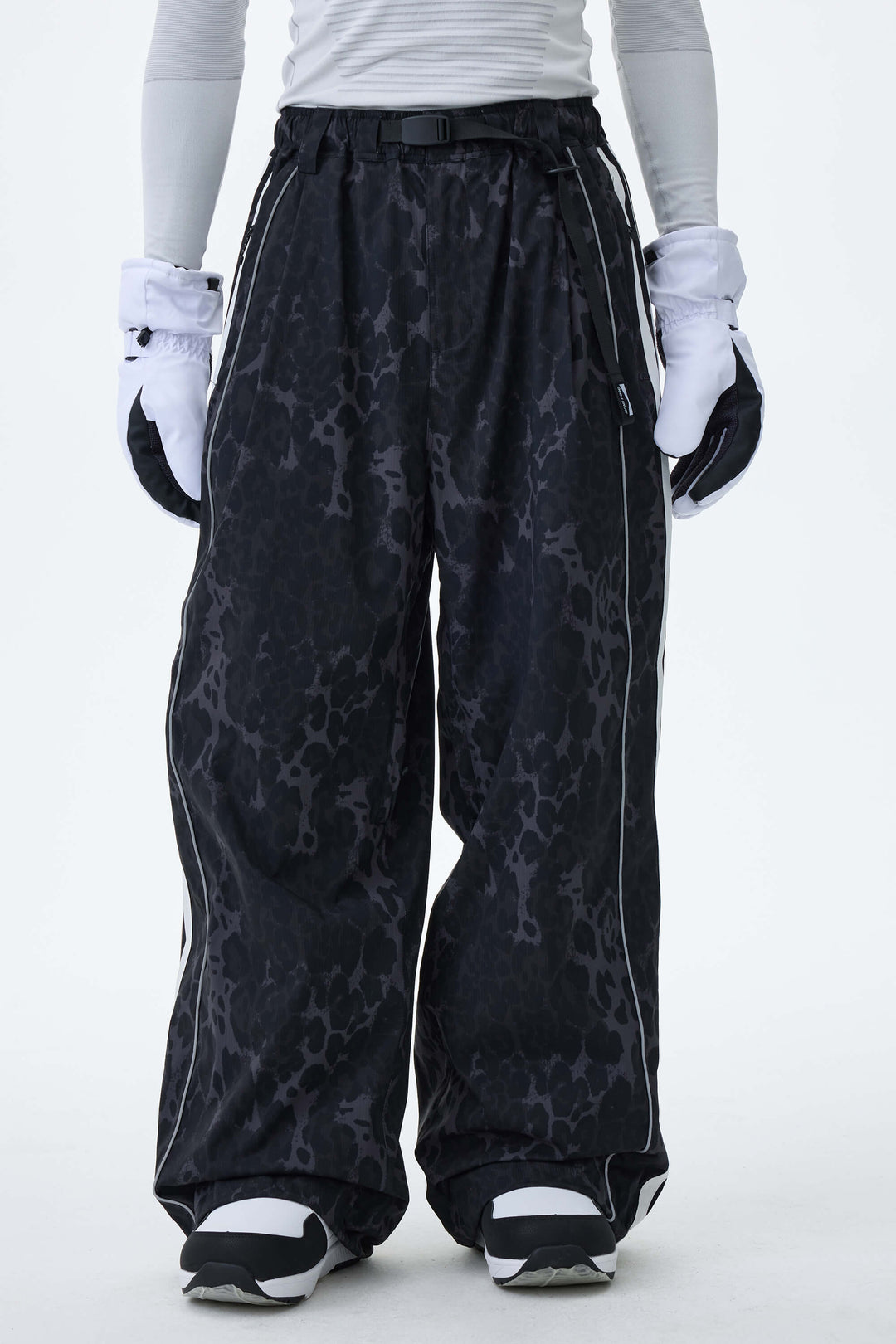 Men's Gray Leopard Retro Track Stripe Reflective Baggy Snow Pants