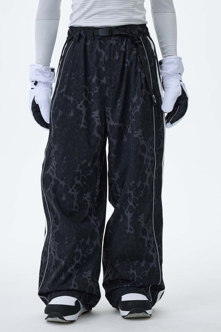 Men's Gray Leopard Retro Track Stripe Reflective Baggy Snow Pants