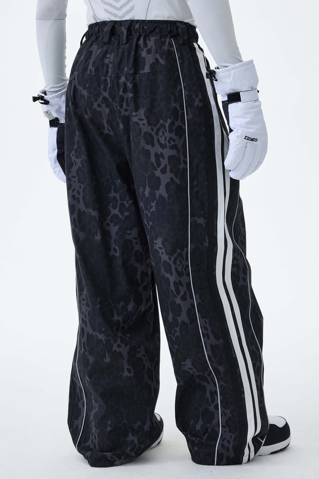 Men's Gray Leopard Retro Track Stripe Reflective Baggy Snow Pants
