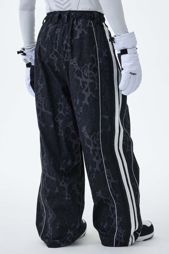 Men's Gray Leopard Retro Track Stripe Reflective Baggy Snow Pants