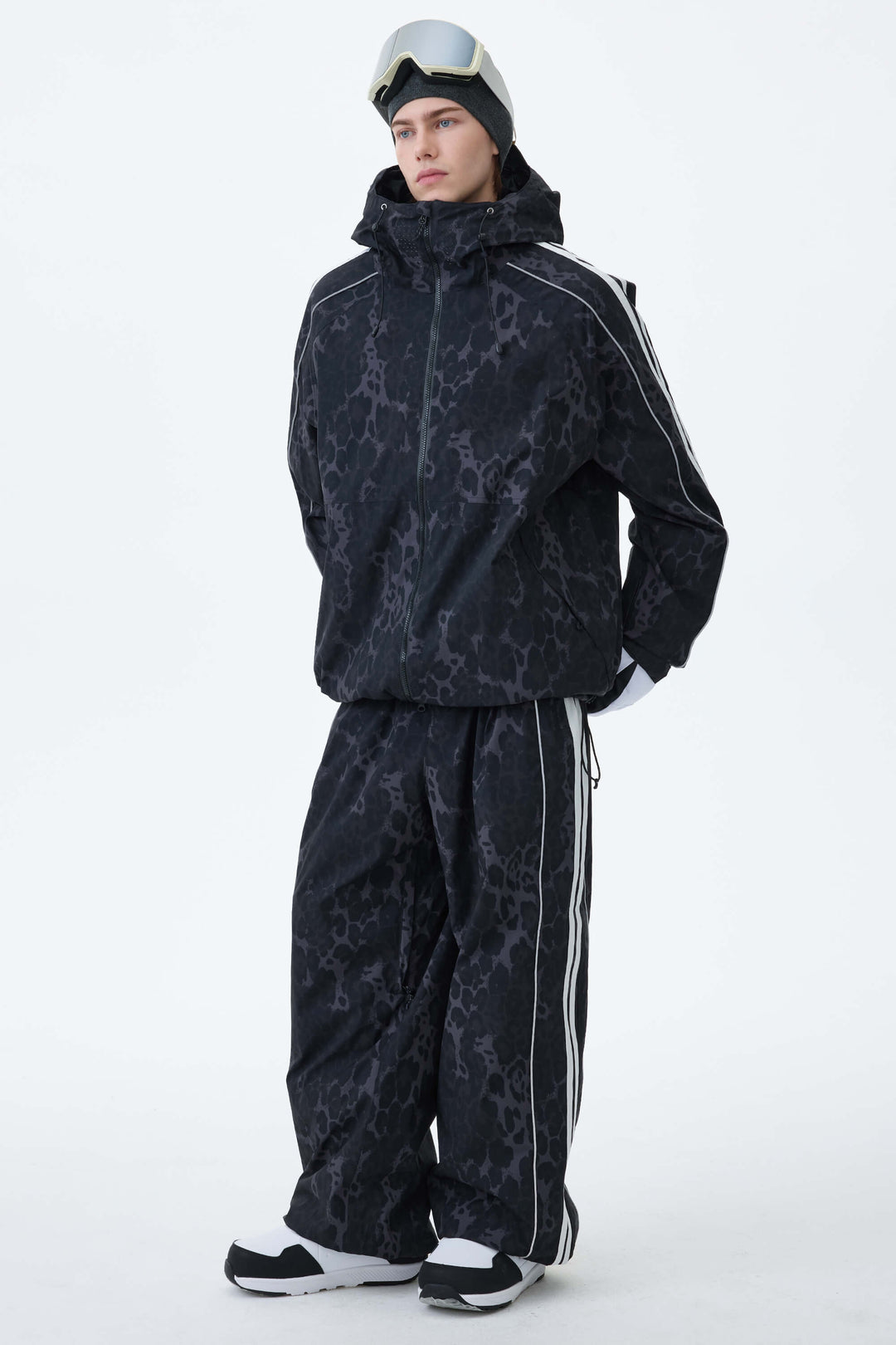 Men's Gray Leopard Retro Track Stripe Reflective Baggy Snow Pants