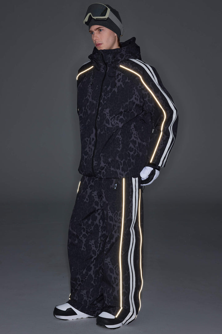 Men's Gray Leopard Retro Track Stripe Reflective Baggy Snow Pants