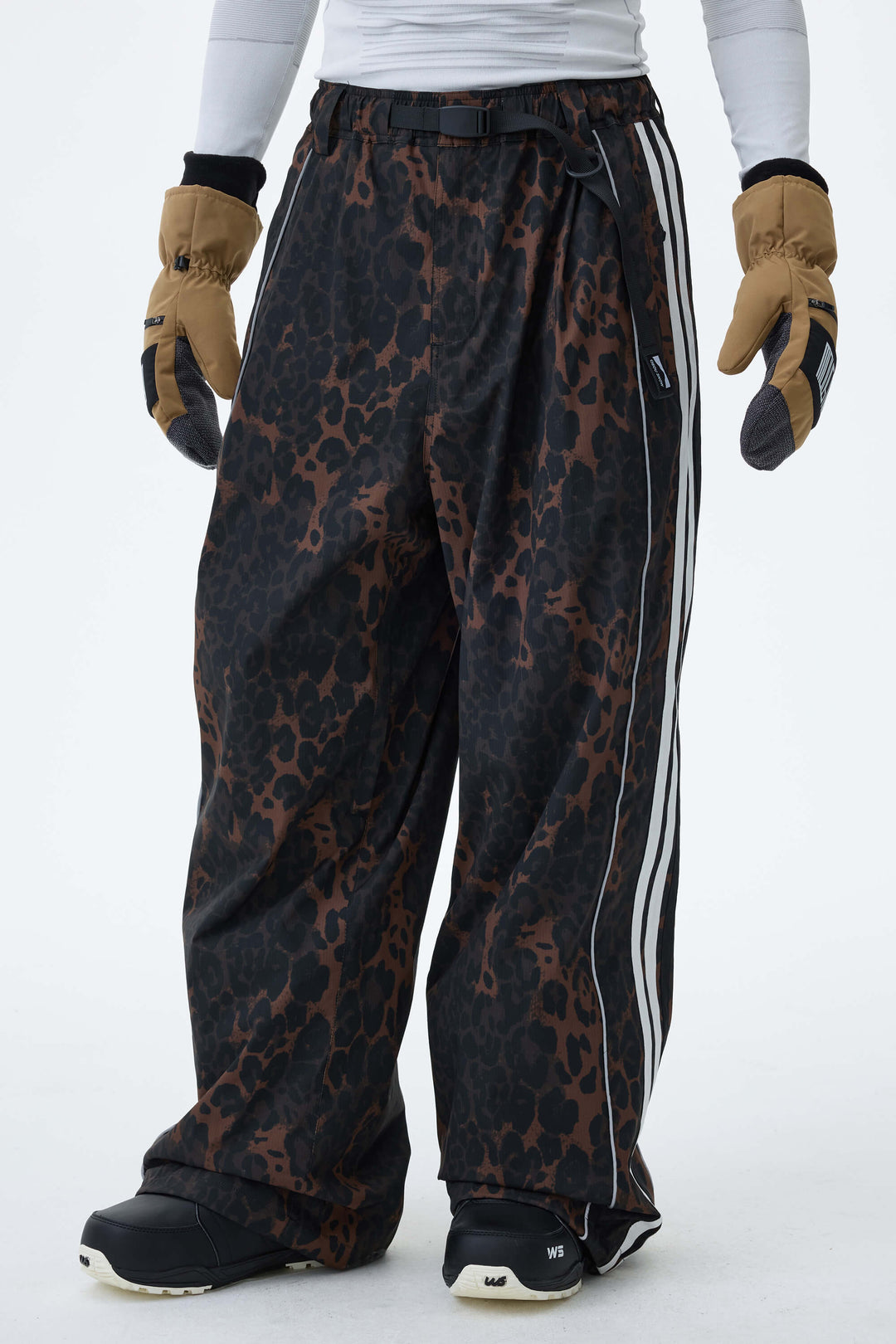 Men's Gray Leopard Retro Track Stripe Reflective Baggy Snow Pants